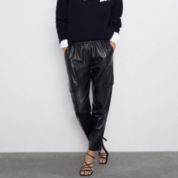 Black Zara Faux Leather Elastic Drawstring Waist Cargo Jogger Pants (NWT) - Picture 1 of 6